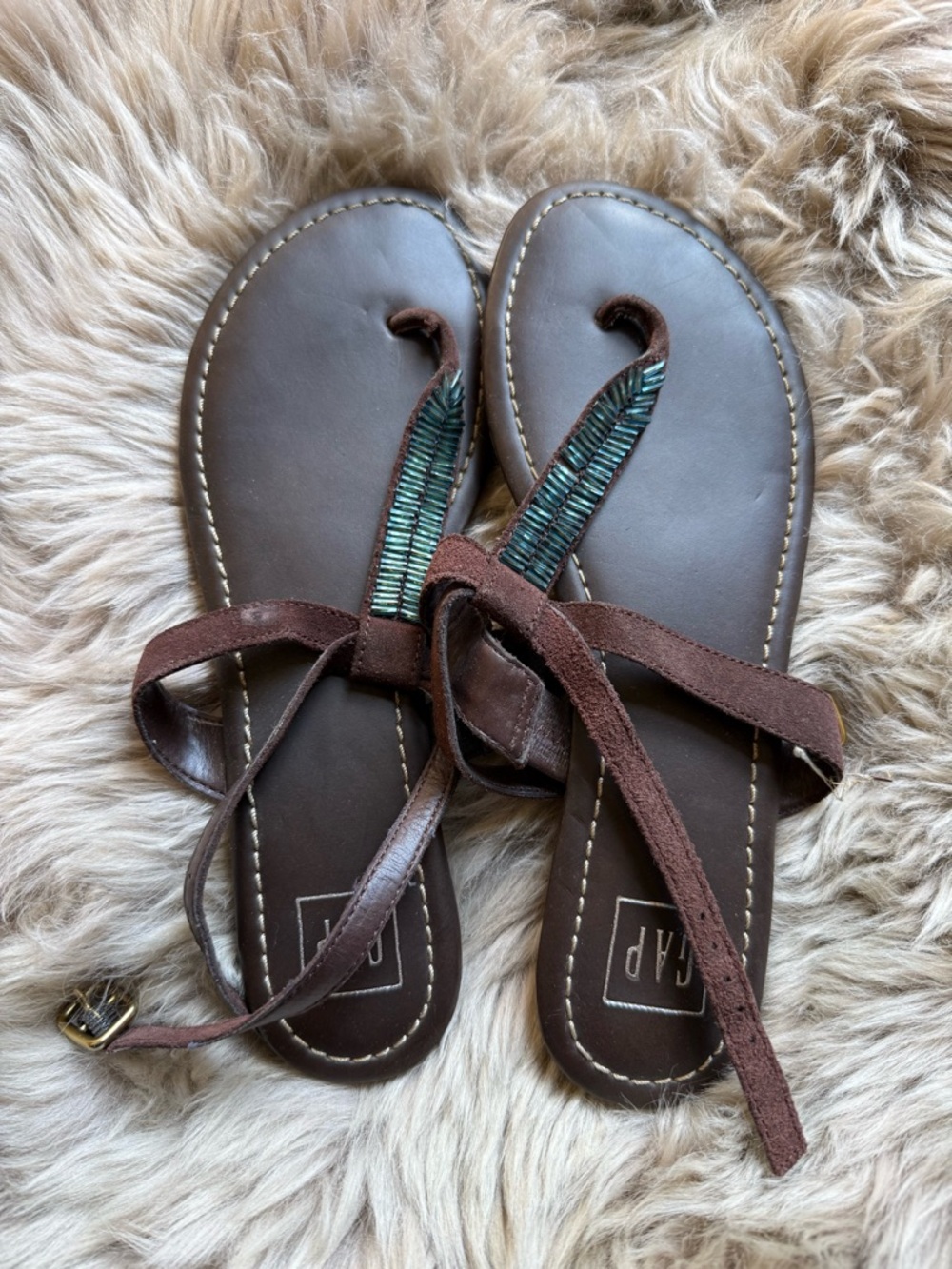 GAP Brown Leather Sandals with Teal Woven Detail